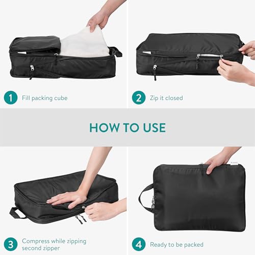 Navaris Compression Packing Cubes Set of 4 Sizes - Compressible Travel Bags for Packing - Lightweight Compression Travel Organizer - Suitcase Carry On Luggage Backpacks - Black