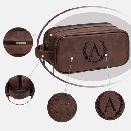 Janhavi Leather Toiletry Bag for Men, Personalized Laser Engraved Initials & Wheat, Toiletry Bag For Shower Caddy, Cruise Ship Essentials, Groomsmen Gifts, Men's Accessories (Medium, Dark Brown, E) - color: Dark Brown, style: E