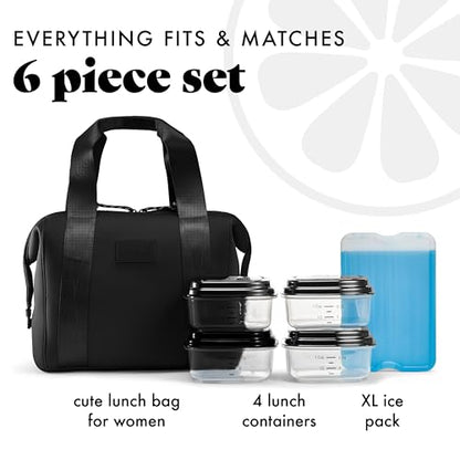 Fit & Fresh Remi Lunch Bag for Women Work – Neoprene Lunch Tote with Containers & Ice Pack, Reusable Meal Prep Lunch Box, Large Capacity, Machine Washable, Black - color: Black