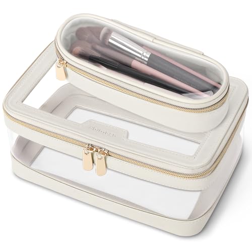 Soimeat Travel Clear Makeup Bag with Makeup Brush Bag, Leather Make up Case Toiletry Bag, Portable Cosmetic Bag Case, Transparent Waterproof Cosmetic Organizer Storage Bag for Women, Off-White - color: Off-White, size: L