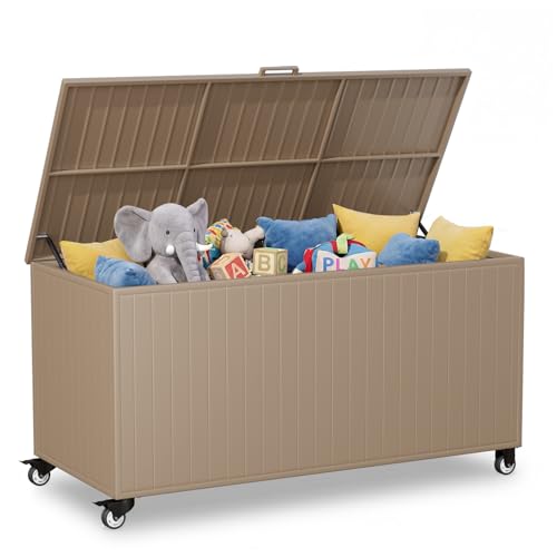 Outdoor Storage Box with Wheels 250 Gallon, Metal Deck Boxes Waterproof, UV Resistant Patio Storage Box with Lid for Patio Furniture, Garden Tools,Outdoor Cushion (Brown) - color: Brown, size: 250 Gallon
