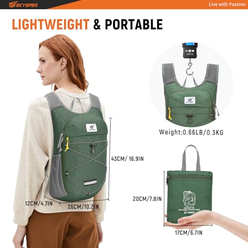 SKYSPER Foldable Hiking Backpack - 10L/15L Small Lightweight Daypack Breathable Travel Backpacks - color: Green, size: 15 l