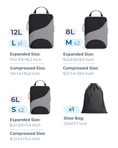 BAGSMART Compression Packing Cubes - 6 Set Travel Packing Cubes for Suitcases, Compression Suitcase Organizers with Shoe Bag - color: 03-Black