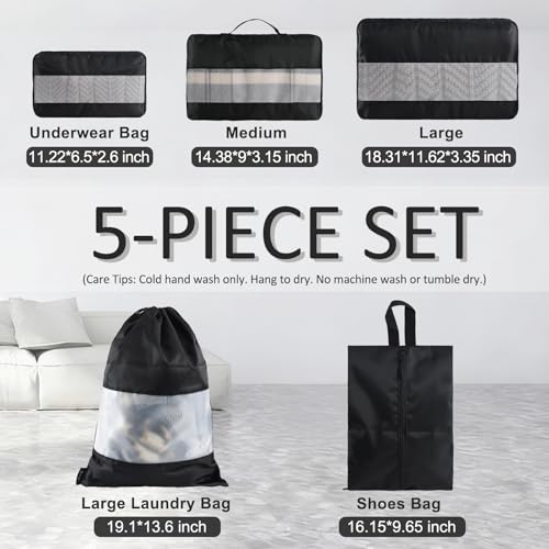 U+U 5 Set Packing Cubes for Travel Essentials Ultralight Luggage Packing Organizers with Laundry Bag and Shoe Bag for Vacation, Business Trip and Camping (Black) - color: Black