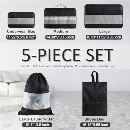 U+U 5 Set Packing Cubes for Travel Essentials Ultralight Luggage Packing Organizers with Laundry Bag and Shoe Bag for Vacation, Business Trip and Camping (Black) - color: Black