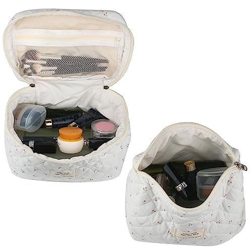NATINSA Cute Makeup Bag for Women(2 Pcs), Travel Cosmetic Bags, Quilted Coquette Aesthetic Floral Toiletry Organizer Bag (Cherry) - color: Cherry