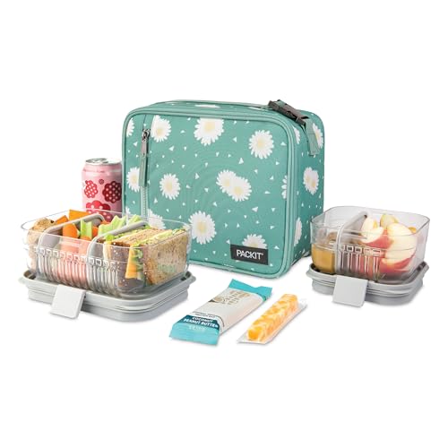 PackIt(R) Freezable Classic Lunch Box, Daisy Sage, Built with EcoFreeze(R) Technology, Collapsible, Reusable, Zip Closure With Zip Front Pocket and Buckle Handle, Designed for Fresh Lunch On the Go - color: Daisy Sage