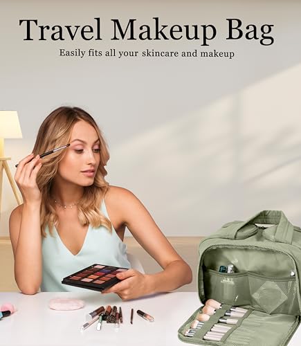 Travel Toiletry Bag for Women, Large Wide-open Puffy Cosmetic Makeup Bag with Wet-Dry Separation, Multi-Pocket Organizer with Carry Handle for Toiletries, Cosmetics, Essentials, Green - color: Green