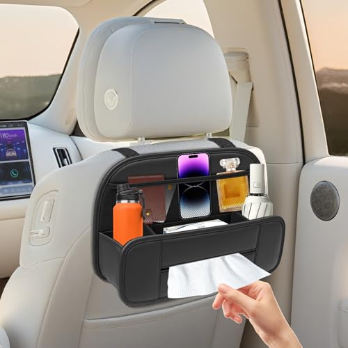 FLORICH 5-in-1 Car Backseat Organizer, Premium Leather Headrest Seat Back Storage Pocket with Cup Holder, Foldable Hanging Car Tissue Holder 1 Pack - color: H-Car Organizer with Tissue Holder-Black-1Pack