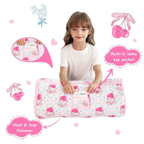 Lasoftan Toddler Nap Mat with Pillow and Blanket, Extra Large Rolled Napping Mats,Slumber Bags for Boys Girls,Kids Sleeping Bag for Daycare, Preschool Travel Camping - color: Bow Cherry