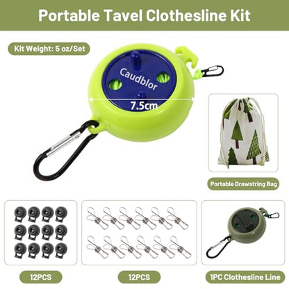 Portable Travel Clothesline Cord, Caudblor Adjustable 33ft Camping Clothes line, Laundry Drying Rope for Hotel Trip, Cruise, Outdoor/Indoor, with 12Pcs Stoppers, Windproof Clothespins - style: Light Green