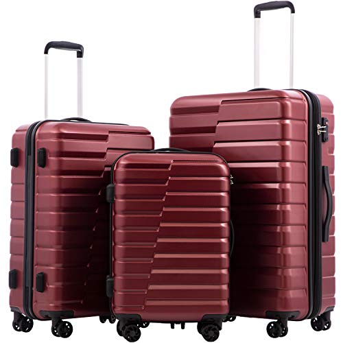 Coolife Luggage Sets, 3 Piece Hard Shell Suitcase Set with Spinner Wheels, Expandable Large Checked Luggage, Lightweight Rolling Carry On with TSA Lock Wine Red - color: wine red, size: 3 Piece Set (20in/24in/28in)