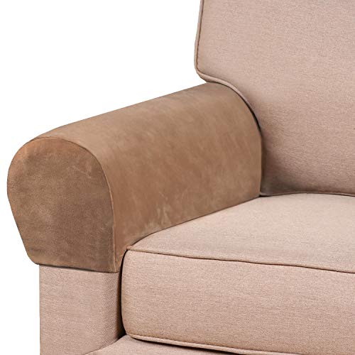 PrinceDeco 2 Pack Thick Velvet Stretch Armrest Covers for Chairs & Sofas - Non Slip, Camel - color: Camel