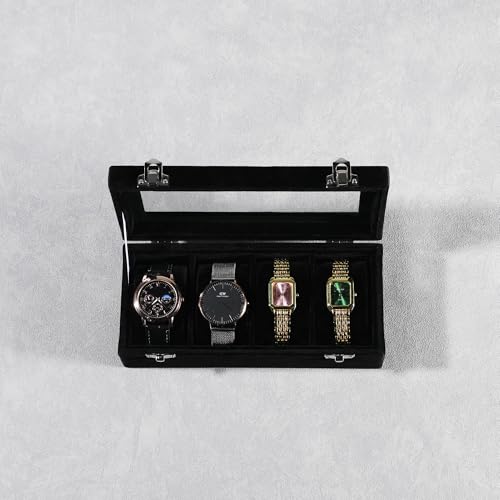 Frebeauty 4-Slot Watch Box,Velvet Watch Case with Glass Lid,Watch Organizer Box for Men and Women,Lockable Watch Storage,Watch Display Case,Ideal Gift(Black) - color: Black, size: 4 Slots