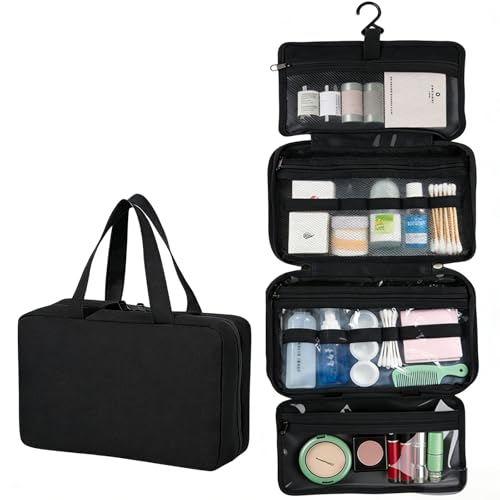 4-Layer Foldable Hanging Toiletry Bag – Large Capacity Travel Organizer with Dry-Wet Separation, Portable Toiletry Kit for 3-5 People (Black) - color: Black