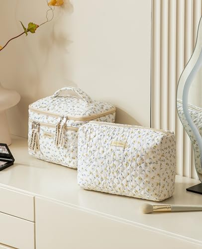 HBselect 2Pcs Travel Makeup Bag, Large Cotton Quilted Makeup Bag Cosmetic Bag Cute Make up Bag Toiletry Bags for Women Girls - color: 2PCS-YELLOWFLOWER