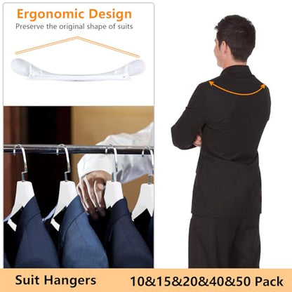 DEDU Suit Hangers for Men 10 Pack, White Coat Hangers Wide Non Slip Width 17.7", Thick Plastic with Pants Bar & Metal Hook - color: White, size: 10 Pack
