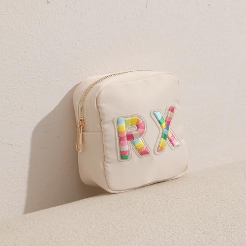 uekeboag Personalized Small Nylon Rx Cosmetic Bag, Cute Chenille Letter Patch Medicine Drug Pouch with Zipper,Preppy Makeup Travel Vitamin Bag for Women and Girls（01Sand） - color: 01Sand