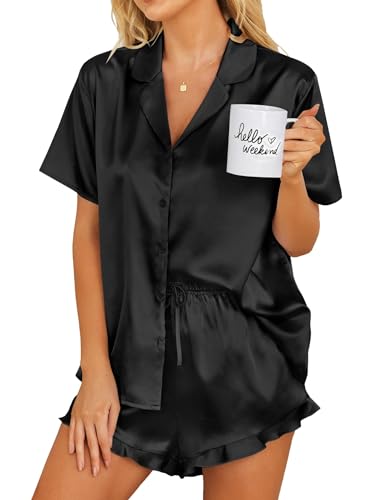 Ekouaer Womens Satin Pajamas Set Button Down 2 Piece Silk Pjs Shorts Set Ruffle Lingerie Notch Collar Sleepwear - color: Black, size: 3X-Small