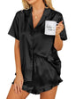 Ekouaer Womens Satin Pajamas Set Button Down 2 Piece Silk Pjs Shorts Set Ruffle Lingerie Notch Collar Sleepwear - color: Black, size: XX-Large