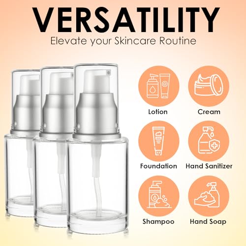 VitalUp 1 Oz 30ml Refillable Luxury Clear Glass Lotion Travel Pump Bottle with Silver Cap for Cosmetics, Lotion, Body Cream, Sanitizers, Cream, Foundation (Pack of 3) - size: 30 ml (3 Pack)