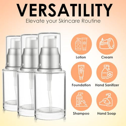 VitalUp 1 Oz 30ml Refillable Luxury Clear Glass Lotion Travel Pump Bottle with Silver Cap for Cosmetics, Lotion, Body Cream, Sanitizers, Cream, Foundation (Pack of 3) - size: 30 ml (3 Pack)
