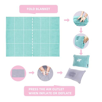 3 in 1 Travel Blanket Pillow Set - 350 GSM Thick Travel Blanket Airplane Compact with Bag, Soft Bag with a Pocket, Inflatable Travel Pillow for Camping & Car Trip(Mint Green) - color: Mint Green