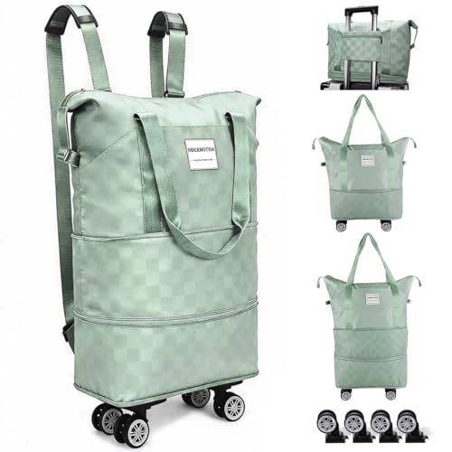 Expandable Rolling Duffle Bag - Large Carry-On With Spinner Wheels, Foldable Weekend Travel Bag, 28-58L Capacity（Backpack-Green Checkboard） - color: Backpack-Green Checkboard, style: Backpack
