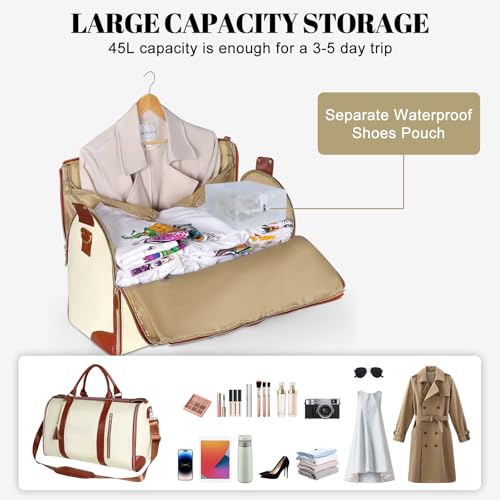 Geestock Garment Duffle Bags for Travel, Convertible Carry On Garment Bag with Shoe Pouch & Shoulder Strap, 2 in 1 Foldable PU Leather Suit Travel Bag for Women & Men, Beige - color: Beige & Brown