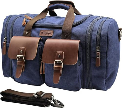 Wildroad 60L Travel Duffel Bag, Expandable Canvas Genuine Leather Duffle Bag Upgraded Overnight Weekender Bag Carry on Bag - color: Blue, size: X Large-60L Duffle Bag