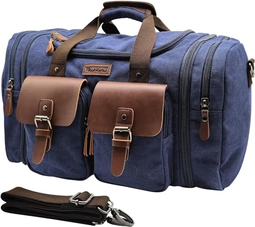 Wildroad 60L Travel Duffel Bag, Expandable Canvas Genuine Leather Duffle Bag Upgraded Overnight Weekender Bag Carry on Bag - color: Blue, size: X Large-60L Duffle Bag
