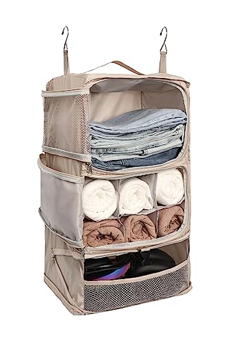 ELEZAY Hanging Packing Cubes Portable Closet 3-Shelf Travel Collapsible Compression Garment Organizer for Carry-on Luggage Suitcase Space Saver Bag X-Large_No Side Pockets, Beige - color: Beige, size: X-Large_12*10*24 IN