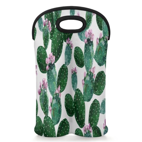 2 Bottle Wine Carrier Tote Bag Cute Cactus Insulated Neoprene Portable Bottle Holder Great Gift for Wine Lover, Great for Picnics Travel BYOB, Outdoor Entertaining