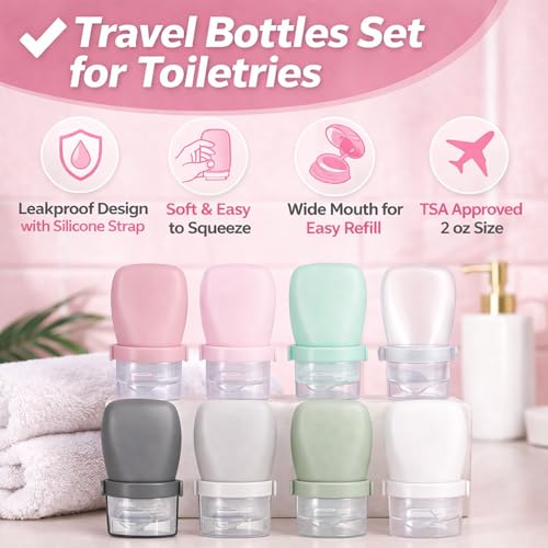 2 oz Travel Bottles, Leakproof Silicone Squeeze Bottle Mini Travel Size Container for Toiletries Lotion Shampoo and Conditioner Liquid Salad Dressing to go Condiment, TSA Approved, 4 Pack - color: Black, Grey, Pink, Green, size: 2 oz