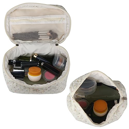 NATINSA Cute Makeup Bag for Women(2 Pcs), Travel Cosmetic Bags, Quilted Coquette Aesthetic Floral Toiletry Organizer Bag (Little Flower) - color: Little Flower