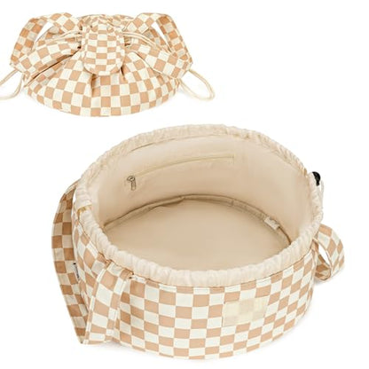 Narwey Lay Flat Open Drawstring Makeup Bag, Large Cosmetic Bag for Women Girls, Cute Make up Bags, Portable Travel Toiletry Bag for Skincare, Brushes & Travel Essentials (Brown Checkerboard) - color: Z-Light Checkerboard