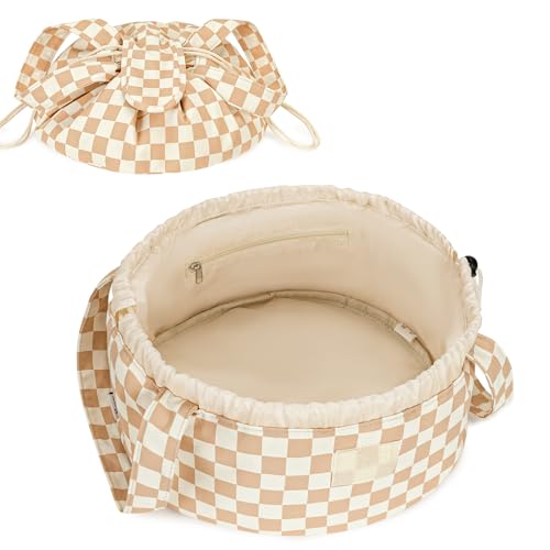 Narwey Lay Flat Open Drawstring Makeup Bag, Large Cosmetic Bag for Women Girls, Cute Make up Bags, Portable Travel Toiletry Bag for Skincare, Brushes & Travel Essentials (Brown Checkerboard) - color: Z-Light Checkerboard