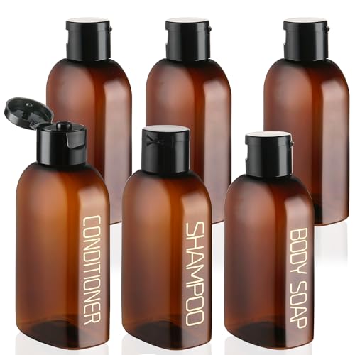 Cosywell Travel Bottles for Toiletries - 6 PCS Shampoo Bottles, TSA Approved Travel Size, Leak Proof Containers with Flip Cap - color: H-3.4oz-Brown-3label3blank