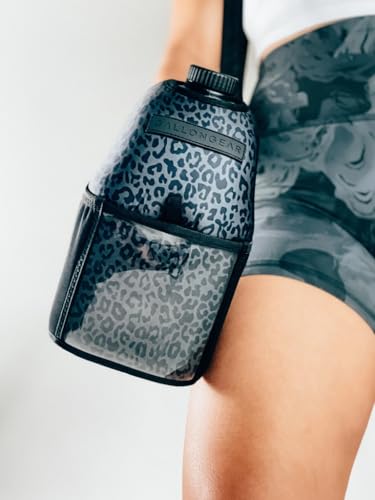 Half-Gallon Fitness Hydration Cover | Neoprene Insulated Cooling & Portable Gym Water Bottle Carrier | CASE with Storage Pockets - color: LEOPARD BLACK