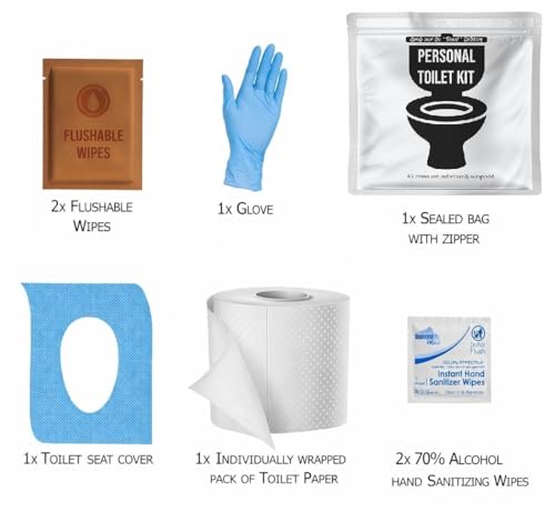 Personal Toilet Kit To Go – 10 Pack | Disposable Public Restroom Kit | Individually Wrapped for Toilet Protection Kit | Toilet Paper, Toilet Seat Cover, Butt Wipes, Cleansing Wipes (White)