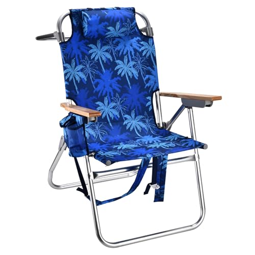 Backpack Beach Chairs for Adults Capacity 300 LBS high 5 Position Beach Chair with Pouch Straps Folding Lightweight Reclining Aluminum Wide Lay Flat Single - color: 17in Wood Blue Leaves 1 Pack