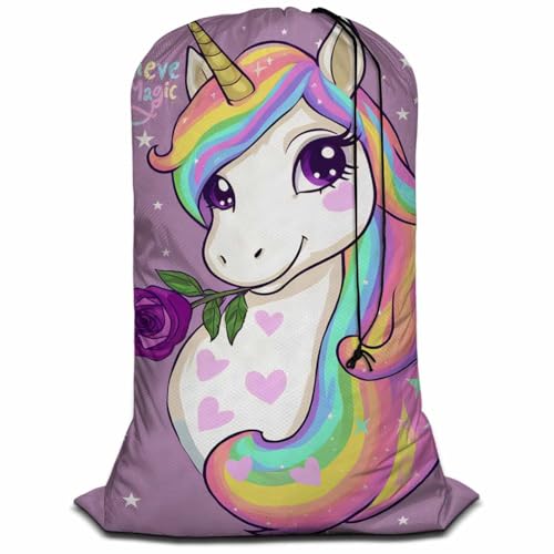 Swono Drawstring Laundry Bag Magic Unicorn Quote Believe In Magic Rose Oversize Storage/Travel Bag for Home - Measures 28 x 40 Inches, Oxford Cloth, Purple - color: Magic Unicorn