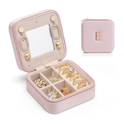 VLANDO Small Travel Jewelry Box Organizer Display Case for Rings Earrings Necklaces Storage, Selected Soft Velvet, Letter E Engraved, Pink - color: b. Powder Pink E