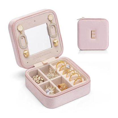 VLANDO Small Travel Jewelry Box Organizer Display Case for Rings Earrings Necklaces Storage, Selected Soft Velvet, Letter E Engraved, Pink - color: b. Powder Pink E