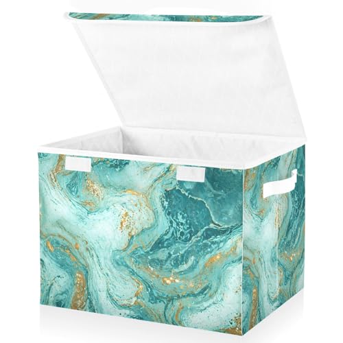 Senya Collapsible Storage Bins with Lids, Golden and Turquoise Marble Teal Storage Boxes for Organizing - color: Marble Turquoise