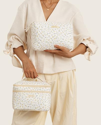 HBselect 2Pcs Travel Makeup Bag, Large Cotton Quilted Makeup Bag Cosmetic Bag Cute Make up Bag Toiletry Bags for Women Girls - color: 2PCS-YELLOWFLOWER