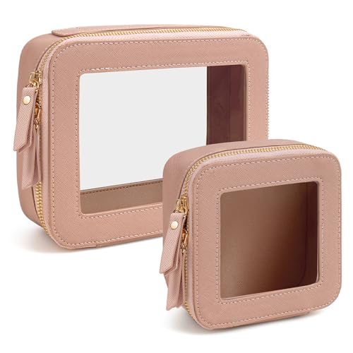 Travel Clear Makeup Bag Set, TSA Approved Cosmetic Bag Case with Zipper Portable Makeup Pouch Toiletry Bag Traveling Cosmetic Organizer Storage Bag Car Organizer Car Essentials - color: Mini+Large Dark Pink