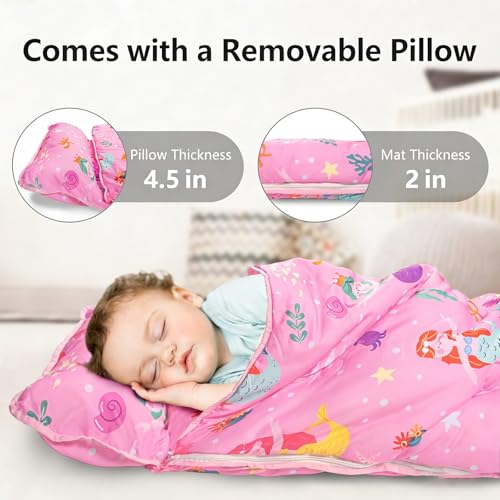 Primlect Toddler Nap Mat Extra Large Thickened 55''x35'', Soft Sleeping Bag with Detachable Minky Blanket and Pillow, Portable for Daycare, Preschool, Kindergarten, Travel, Boys and Girls - color: Pink Mermaid