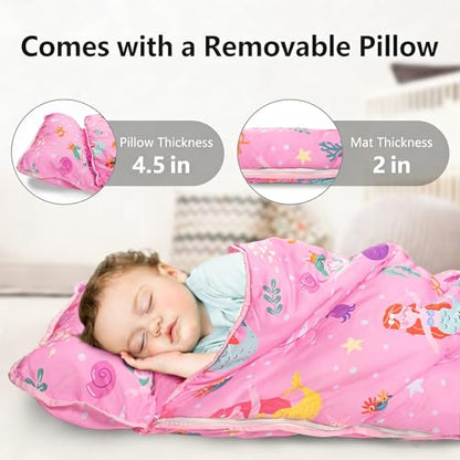 Primlect Toddler Nap Mat Extra Large Thickened 55''x35'', Soft Sleeping Bag with Detachable Minky Blanket and Pillow, Portable for Daycare, Preschool, Kindergarten, Travel, Boys and Girls - color: Pink Mermaid