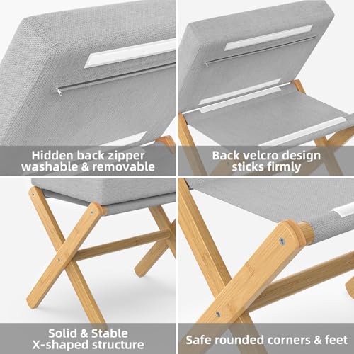BAMBOOHOMIE Foldable Foot Stool Ottoman, Modern Foot Rest with Bamboo X Legs & Thick Foam Cushion, Folding Foot Stools Small Padded for Bedroom Living Room, Footstool for Chair Couch (Natural - Grey) - color: Natural - Grey